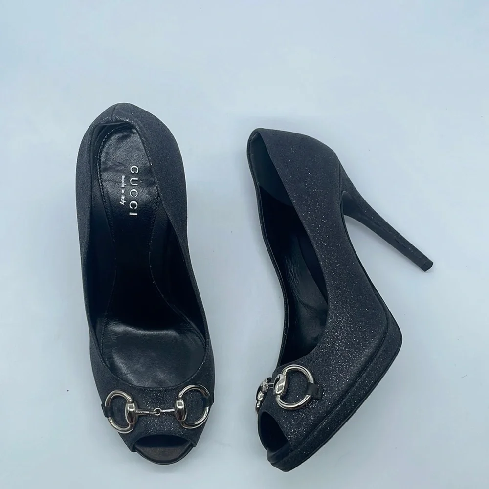 Gucci Black Leather silver glitter peep toe horsebit pumps 37